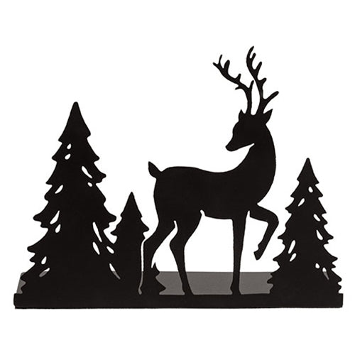 Black Metal Woodland Forest & Reindeer Candle Plate - 5"H