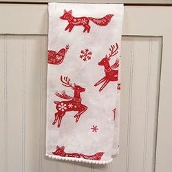 Yuletide Forest Folklore Dish Towel w/White Pom Poms