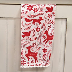 Yuletide Forest & Floral Folklore Dish Towel w/White Pom Poms