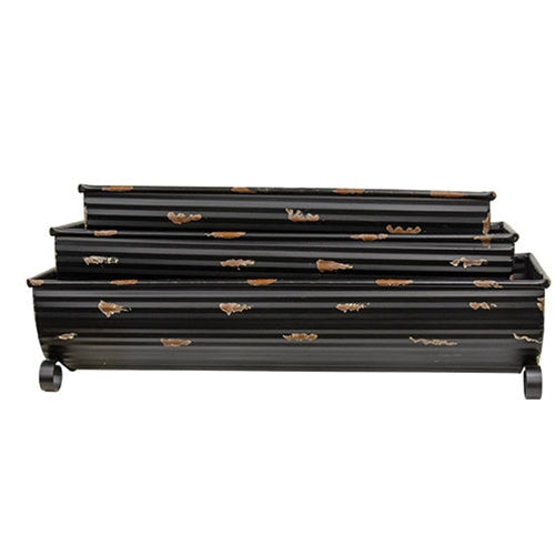 3/Set - Distressed Antique Black Metal Trough Planters