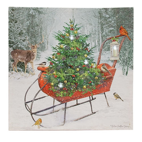 Woodland Christmas Sleigh Lighted Canvas 18"