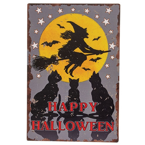 Happy Halloween Witch & Cats Tin Sign - 10"x15"