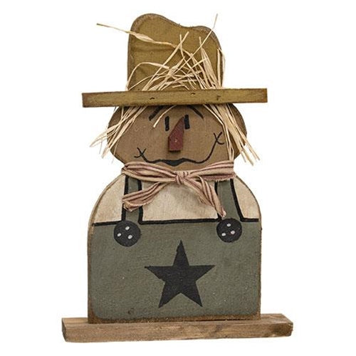 Rustic Wood Green Overalls Scarecrow on Base – Primitive Renditions