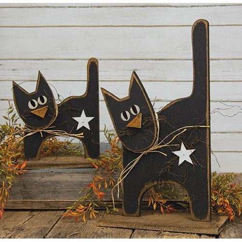 Rustic Wood Black Kitten w/White Star on Base