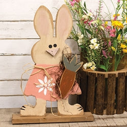 Rustic Wood Standing Girl Bunny w/Carrot on Base