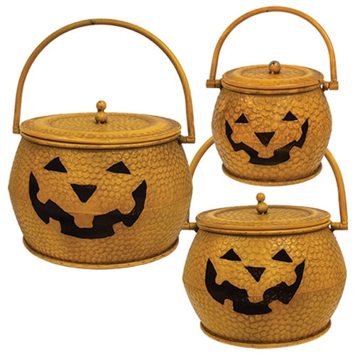 3/Set - Hammered Orange Metal Jack O Lantern Cauldrons w/Lids