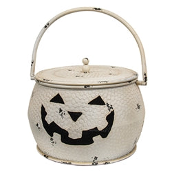 3/Set - Shabby Chic White Metal Jack O Lantern Cauldrons w/Lids