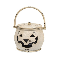 3/Set - Shabby Chic White Metal Jack O Lantern Cauldrons w/Lids