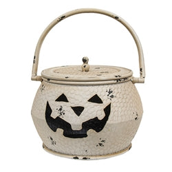 3/Set - Shabby Chic White Metal Jack O Lantern Cauldrons w/Lids