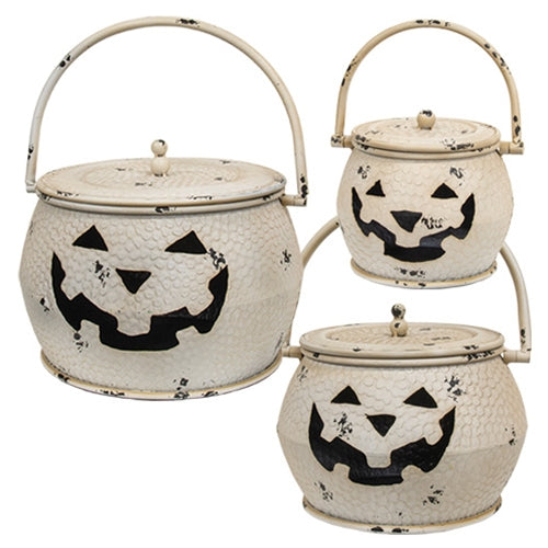 3/Set - Shabby Chic White Metal Jack O Lantern Cauldrons w/Lids