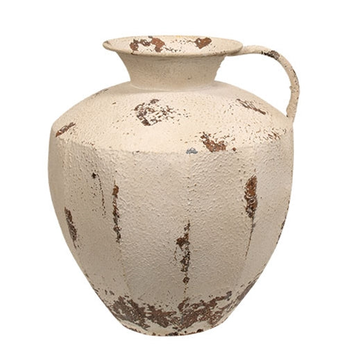 Antique White Distressed Textured Metal Garden Vase w/Handle