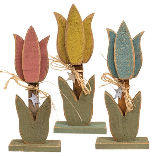 Rustic Wood Tulip on Base - 17.5"H - 3 Asstd.