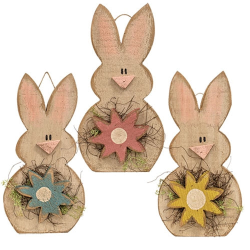 Rustic Wood Hanging Bunny w/Daisy  - 18"H - 3 Asstd.