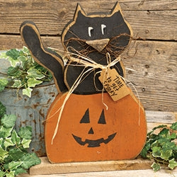 Rustic Wood Time to Get Spooky Black Cat in Jack on Base - 18.5"H