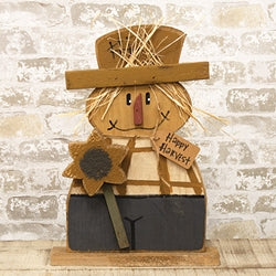 Rustic Wood Happy Harvest Flannel Shirt Scarecrow w/Sunflower on Base - 19"H