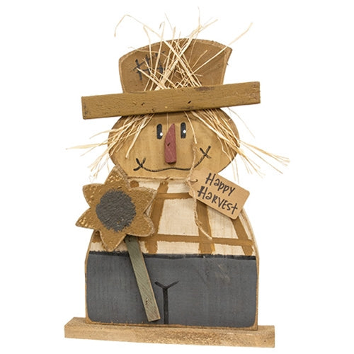 Rustic Wood Happy Harvest Flannel Shirt Scarecrow w/Sunflower on Base - 19"H