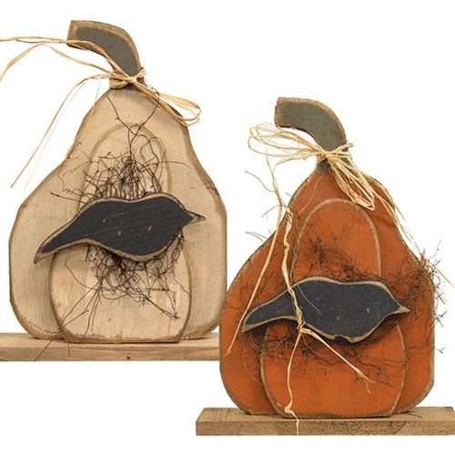 Rustic Wood Layered Pumpkin w/Crow Sign on Base - 17"H - 2 Asstd.