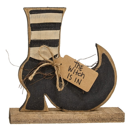 Rustic Wood Witch Boot on Base - 10"H