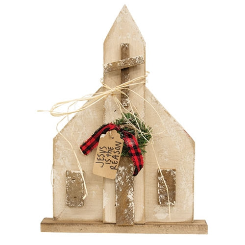 Rustic Wood Winter Church on Base - 19"H