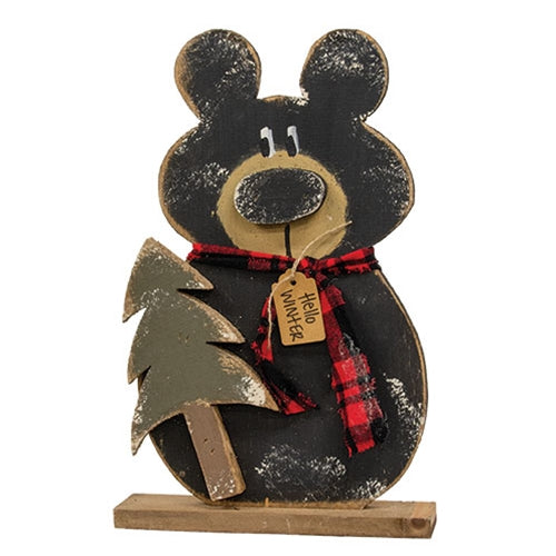 Rustic Wood Hello Winter Black Bear on Base w/Tree - 18-1/2 In H