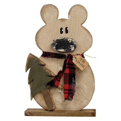 Rustic Wood Hello Winter Polar Bear on Base w/Tree - 18.5"H