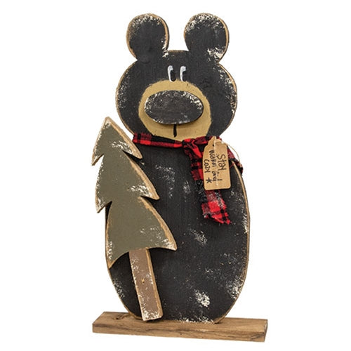 Rustic Wood Stay Cozy Bear w/Tree on Base - 24-1/2 In H