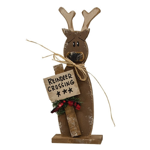 Rustic Wood Reindeer Crossing Reindeer on Base - 21.5"H
