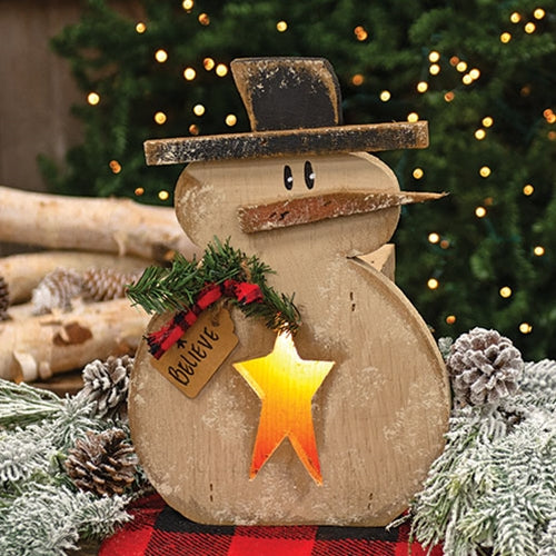 Rustic Wood Light Up Believe Snowman – Primitive Renditions