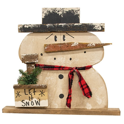 Rustic Wood Chubby Snowman w/Let It Snow Shovel on Base - 18.5"H