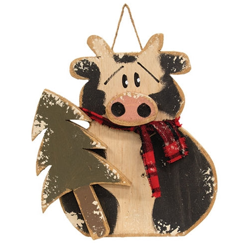 Rustic Wood Hanging Winter Cow w/Tree - 13 In H
