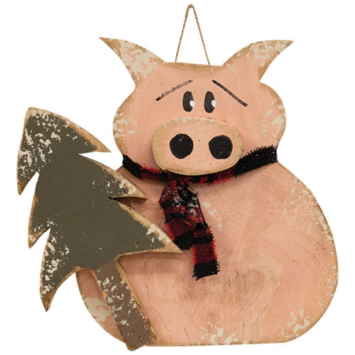 Rustic Wood Hanging Winter Pig w/Tree - 12 In H