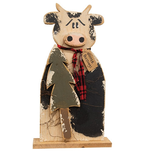 Rustic Wood Winter Blessings Cow w/Tree On Base - 24 In H