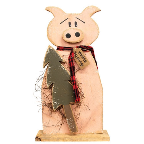 Rustic Wood Winter Blessings Pig w/Tree On Base - 24 In H