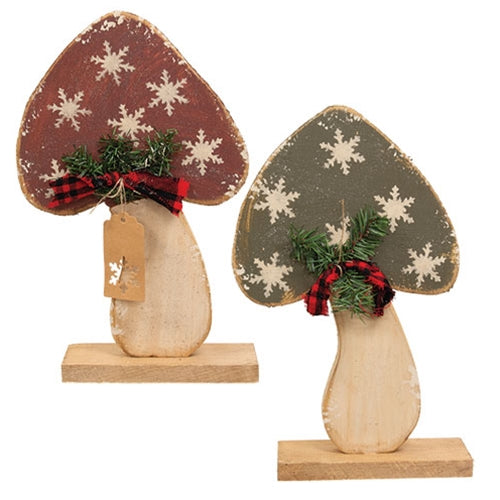 Rustic Wood Glitter Snowflake Mushroom On Base - 15 In H - 2 Asstd.