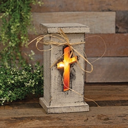 Rustic White Wood Cross Cutout Light Up Pedestal - 10.75"H