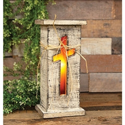 Rustic White Wood Cross Cutout Light Up Pedestal - 15.5"H