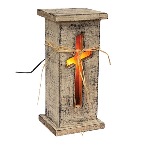 Rustic White Wood Cross Cutout Light Up Pedestal - 15.5"H