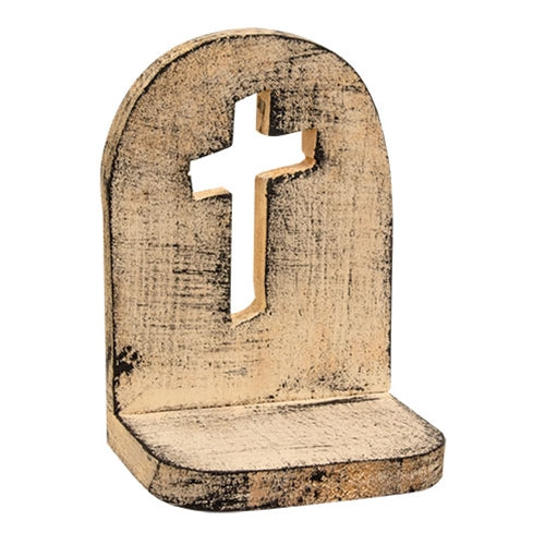 Rustic White Wood Cross Cutout Candle Shelf - 8"H