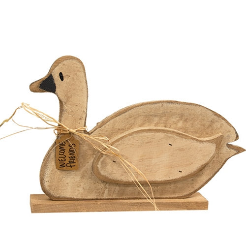 Rustic Wood Welcome Friends Laying Goose On Base