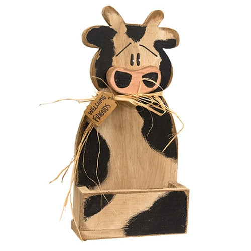 Rustic Wood Welcome Friends Cow Wall Pocket
