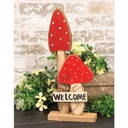 Rustic Wood Welcome Mushroom Pair On Base - 18"H