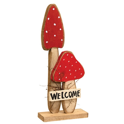 Rustic Wood Welcome Mushroom Pair On Base - 18"H