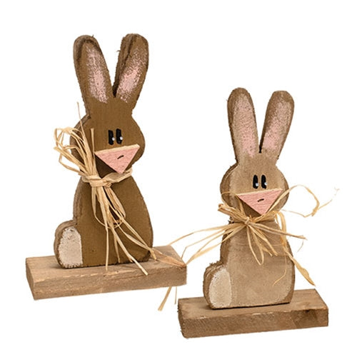 Rustic Wood Baby Bunny With Raffia Bow On Base - 9"H - 2 Asstd.