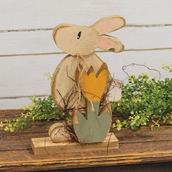 Rustic Wood Bunny With Yellow Tulip On Base - 12"H