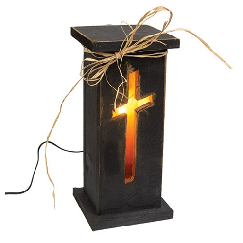 Rustic Black Wood Cross Cutout Light Up Pillar - 15.5"H