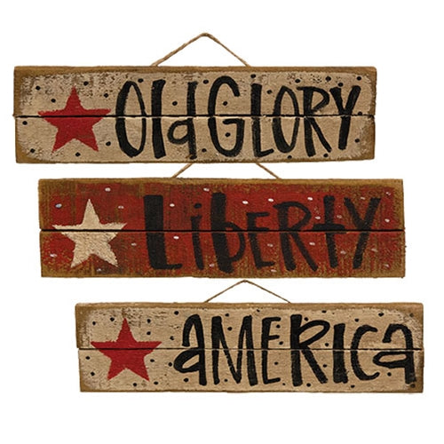 Rustic Wood Polka Dot & Red Star Americana Sign - 3 Asstd. - 11.75" x 3"