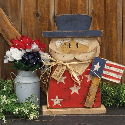Rustic Wood God Bless America Uncle Sam on Base - 18.75"H