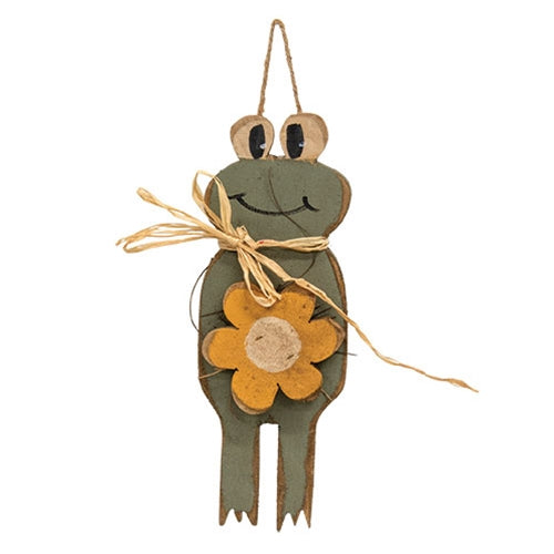 Rustic Wood Skinny Hanging Frog With Daisy - 11.75"H