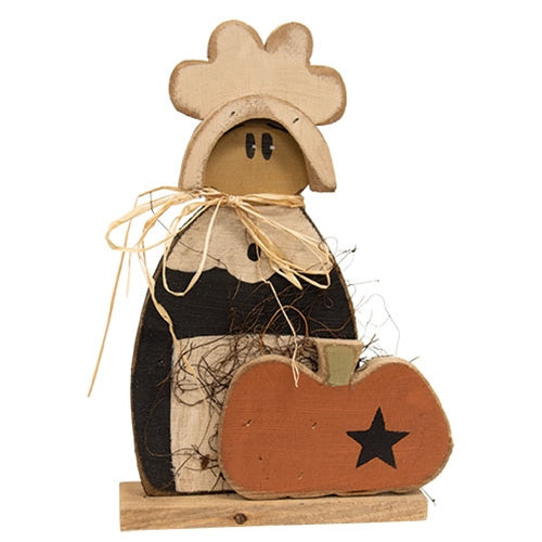 Rustic Wood Pilgrim Lady With Pumpkin on Base - 17.25"H
