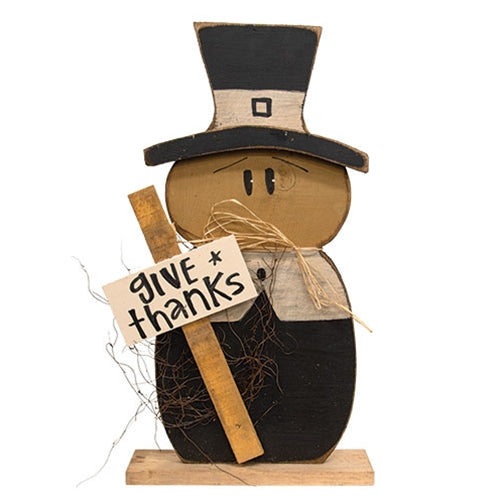 Rustic Wood Give Thanks Pilgrim Man on Base - 25"H